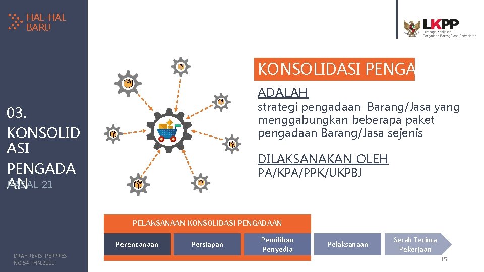 HAL-HAL BARU KONSOLIDASI PENGADAAN ADALAH strategi pengadaan Barang/Jasa yang menggabungkan beberapa paket pengadaan Barang/Jasa