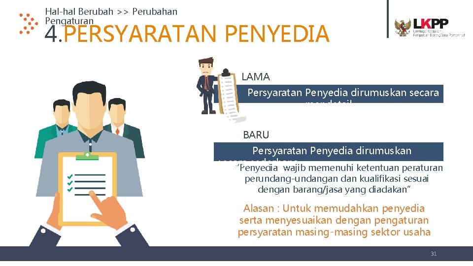 Hal-hal Berubah >> Perubahan Pengaturan 4. PERSYARATAN PENYEDIA LAMA Persyaratan Penyedia dirumuskan secara mendetail