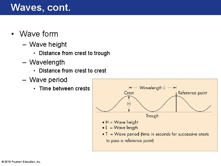 Waves, cont. • Wave form – Wave height • Distance from crest to trough