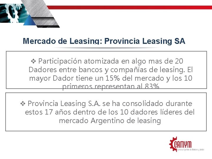 Mercado de Leasing: Provincia Leasing SA v Participación atomizada en algo mas de 20