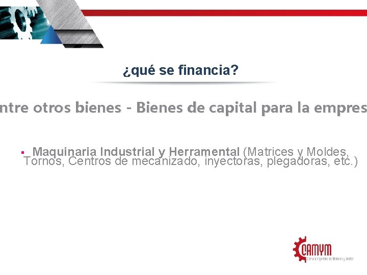¿qué se financia? ntre otros bienes - Bienes de capital para la empres Maquinaria