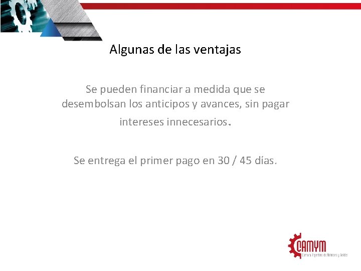 Algunas de las ventajas Se pueden financiar a medida que se desembolsan los anticipos
