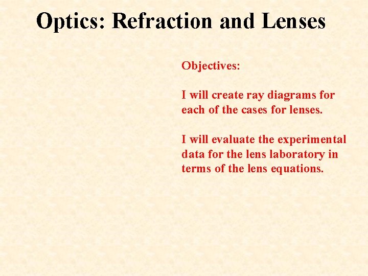 Optics: Refraction and Lenses Objectives: I will create ray diagrams for each of the