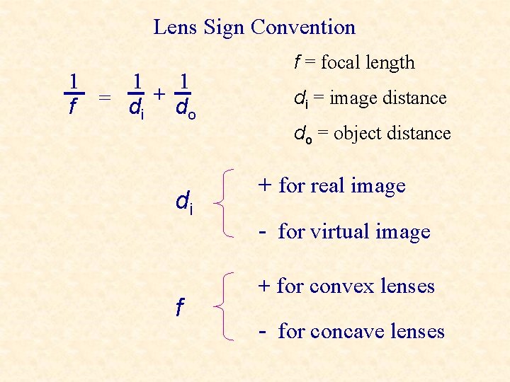 Lens Sign Convention 1 1 1 + = f di do di f f