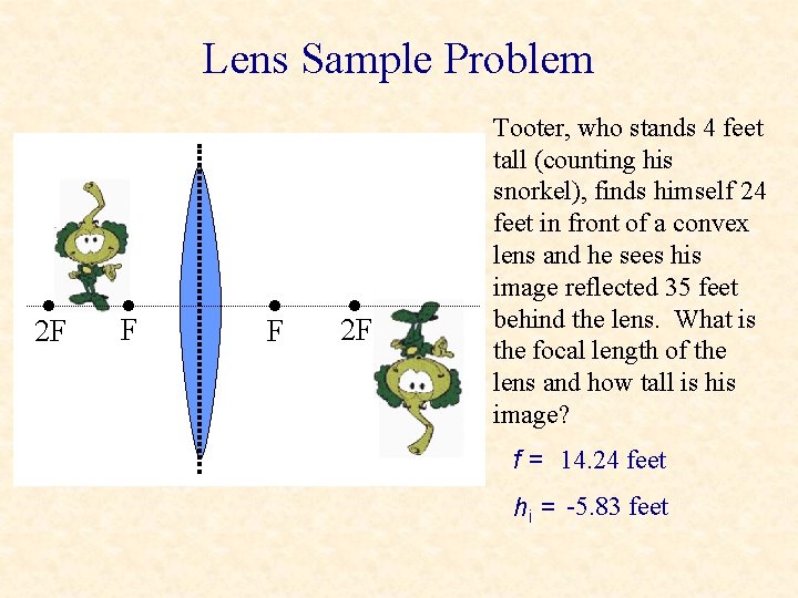 Lens Sample Problem • 2 F • 2 F Tooter, who stands 4 feet