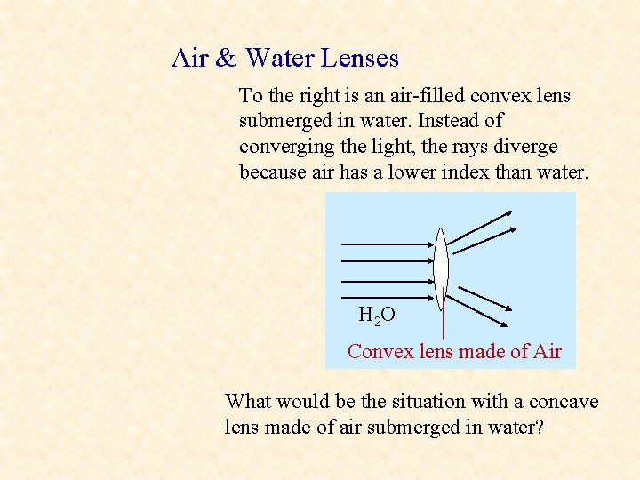 Air & Water Lenses To the right is an air-filled convex lens submerged in