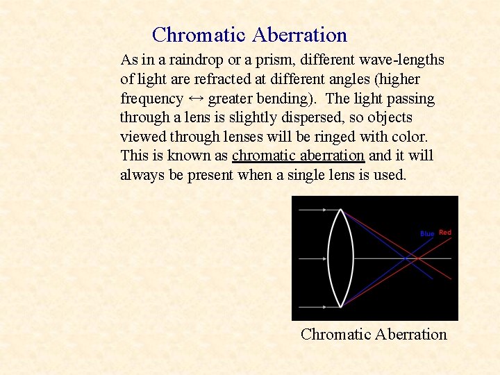 Chromatic Aberration As in a raindrop or a prism, different wave-lengths of light are