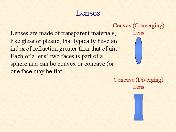 Lenses Convex (Converging) Lenses are made of transparent materials, like glass or plastic, that