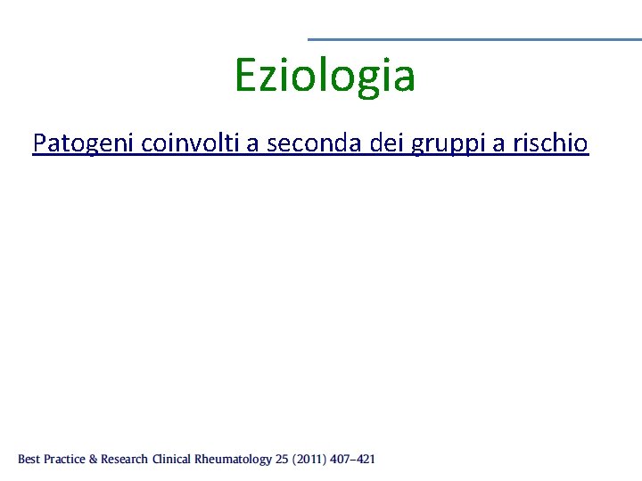 Eziologia Patogeni coinvolti a seconda dei gruppi a rischio 