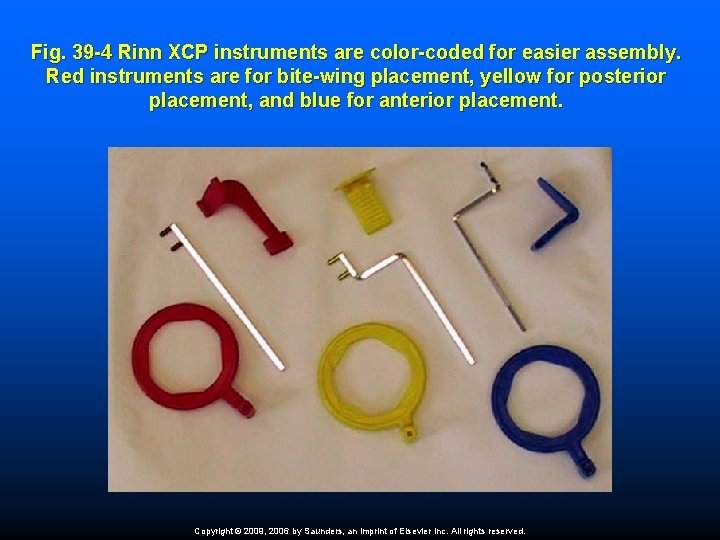 Fig. 39 -4 Rinn XCP instruments are color-coded for easier assembly. Red instruments are