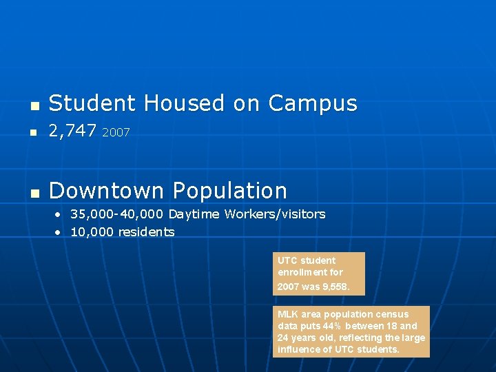 n Student Housed on Campus n 2, 747 n Downtown Population 2007 • 35,