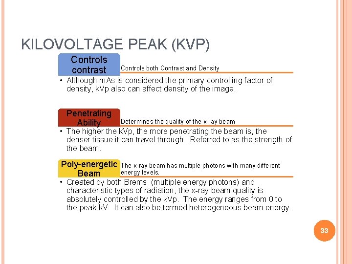 KILOVOLTAGE PEAK (KVP) Controls contrast Controls both Contrast and Density • Although m. As