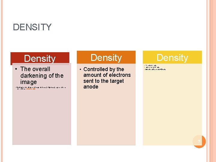 DENSITY Density • The overall darkening of the image • Viewing the overall, general