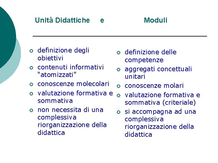 Unità Didattiche ¡ ¡ ¡ e definizione degli obiettivi contenuti informativi “atomizzati” conoscenze molecolari