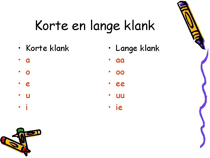 Korte en lange klank • • • Korte klank a o e u i