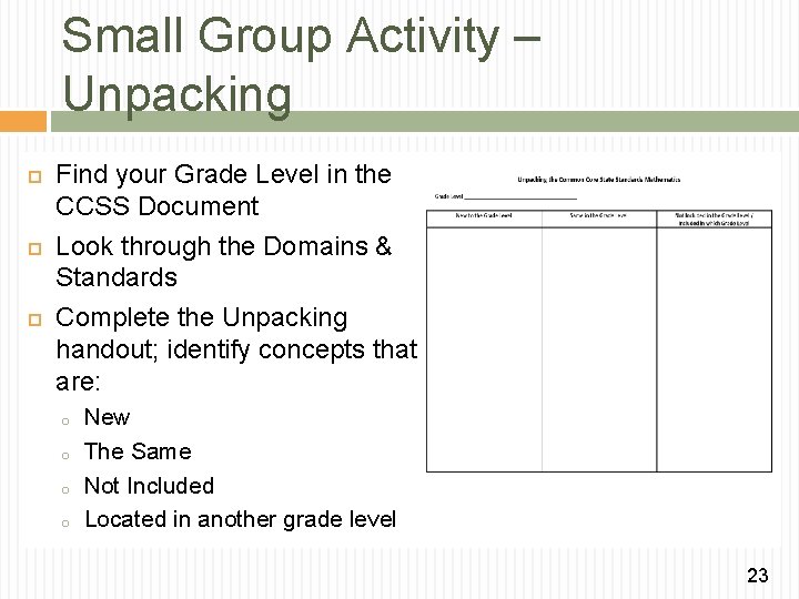 Small Group Activity – Unpacking Find your Grade Level in the CCSS Document Look