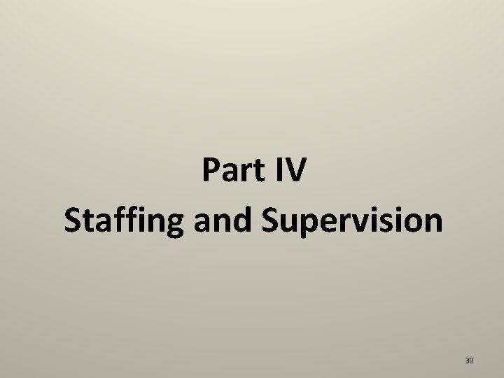 Part IV Staffing and Supervision 30 