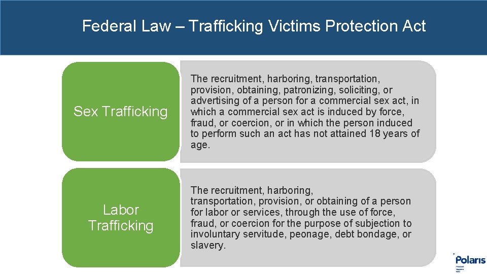 Federal Law – Trafficking Victims Protection Act Sex Trafficking Labor Trafficking The recruitment, harboring,