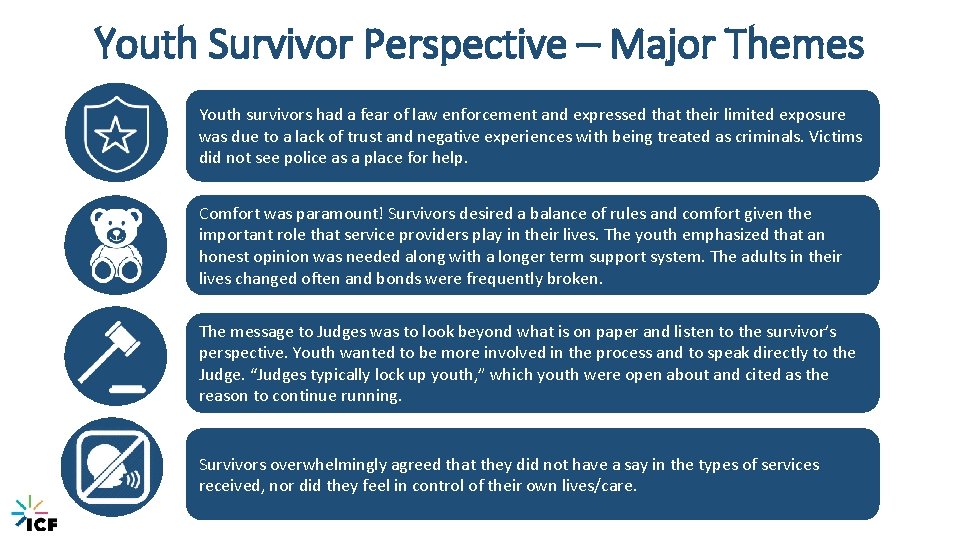 Youth Survivor Perspective – Major Themes Youth survivors had a fear of law enforcement