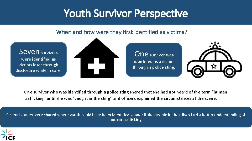 Youth Survivor Perspective When and how were they first identified as victims? Seven survivors