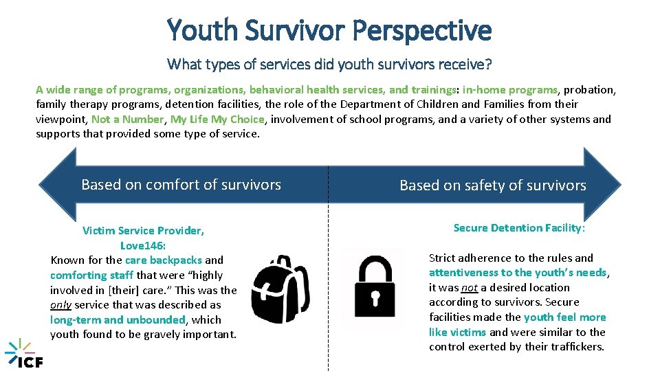 Youth Survivor Perspective What types of services did youth survivors receive? A wide range