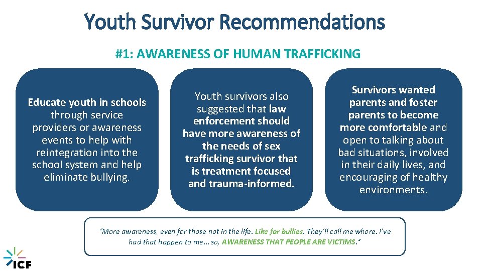 Youth Survivor Recommendations #1: AWARENESS OF HUMAN TRAFFICKING Educate youth in schools through service
