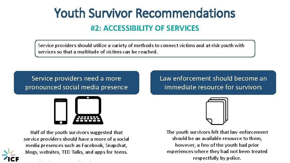 Youth Survivor Recommendations #2: ACCESSIBILITY OF SERVICES Service providers should utilize a variety of
