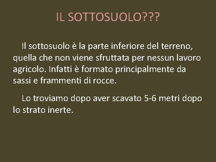 IL SOTTOSUOLO? ? ? Il sottosuolo è la parte inferiore del terreno, quella che