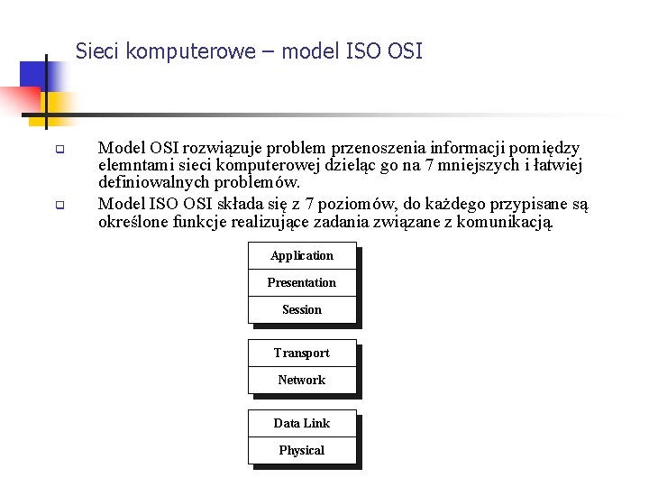 Sieci komputerowe – model ISO OSI q q Model OSI rozwiązuje problem przenoszenia informacji