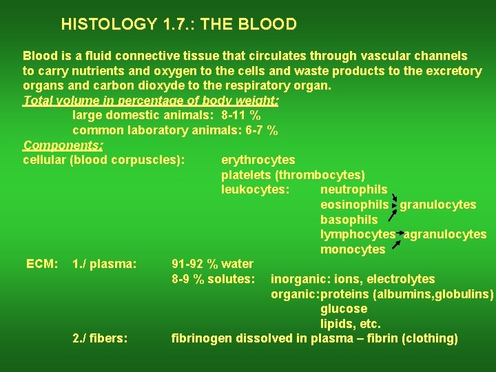 HISTOLOGY 1. 7. : THE BLOOD Blood is a fluid connective tissue that circulates