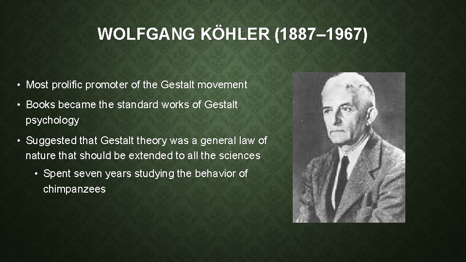 WOLFGANG KÖHLER (1887– 1967) • Most prolific promoter of the Gestalt movement • Books