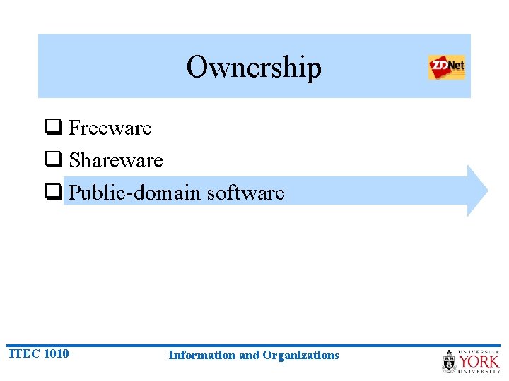 Ownership q Freeware q Shareware q Public-domain software ITEC 1010 Information and Organizations 