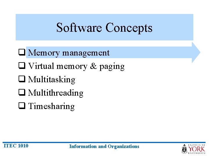 Software Concepts q Memory management q Virtual memory & paging q Multitasking q Multithreading