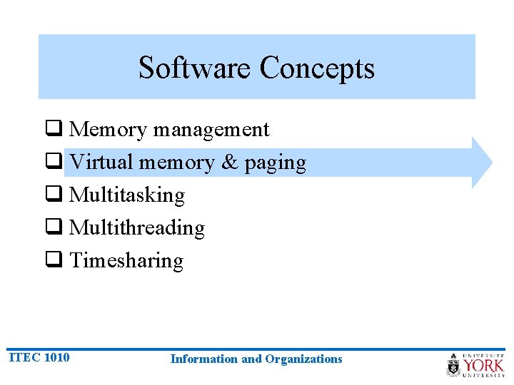 Software Concepts q Memory management q Virtual memory & paging q Multitasking q Multithreading