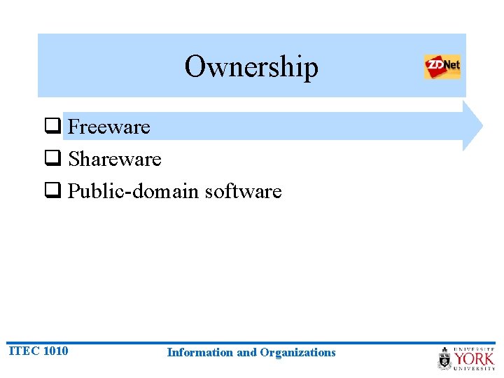 Ownership q Freeware q Shareware q Public-domain software ITEC 1010 Information and Organizations 