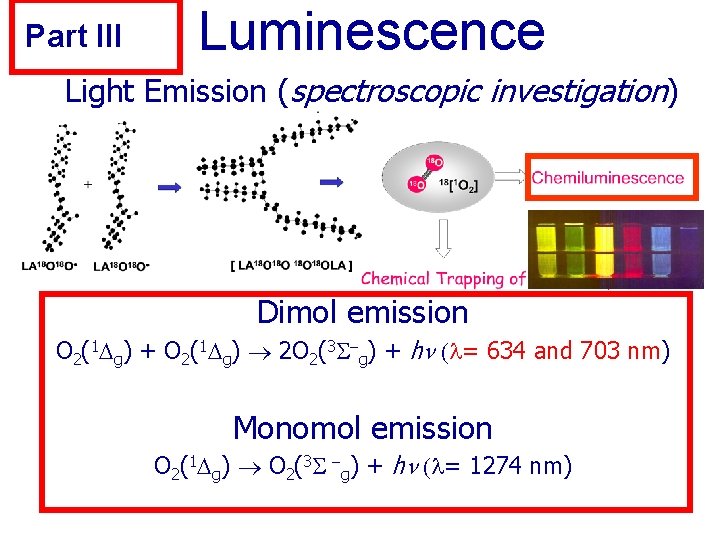 Part III Luminescence Light Emission (spectroscopic investigation) Dimol emission O 2(1 g) + O