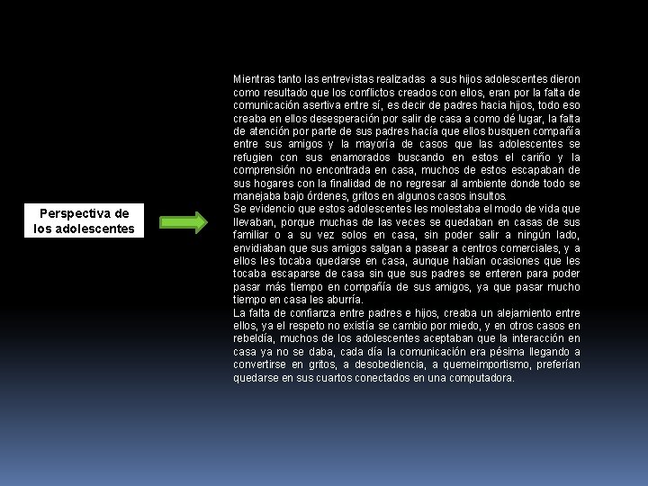 Perspectiva de los adolescentes Mientras tanto las entrevistas realizadas a sus hijos adolescentes dieron Perspectiva de los adolescentes Mientras tanto las entrevistas realizadas a sus hijos adolescentes dieron