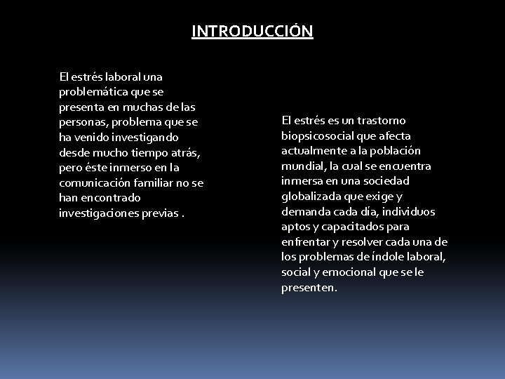 INTRODUCCIÓN El estrés laboral una problemática que se presenta en muchas de las personas, INTRODUCCIÓN El estrés laboral una problemática que se presenta en muchas de las personas,