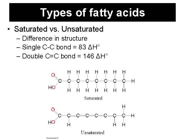 Types of fatty acids • Saturated vs. Unsaturated – Difference in structure – Single