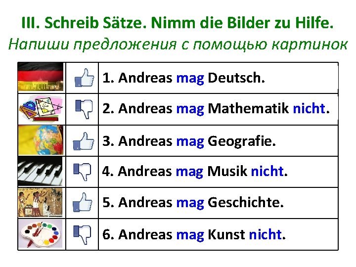 III. Schreib Sätze. Nimm die Bilder zu Hilfe. Напиши предложения с помощью картинок 1.