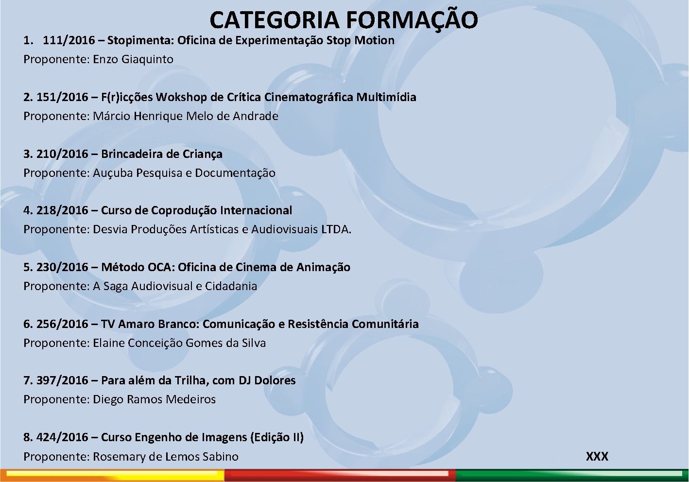 CATEGORIA FORMAÇÃO 1. 111/2016 – Stopimenta: Oficina de Experimentação Stop Motion Proponente: Enzo Giaquinto