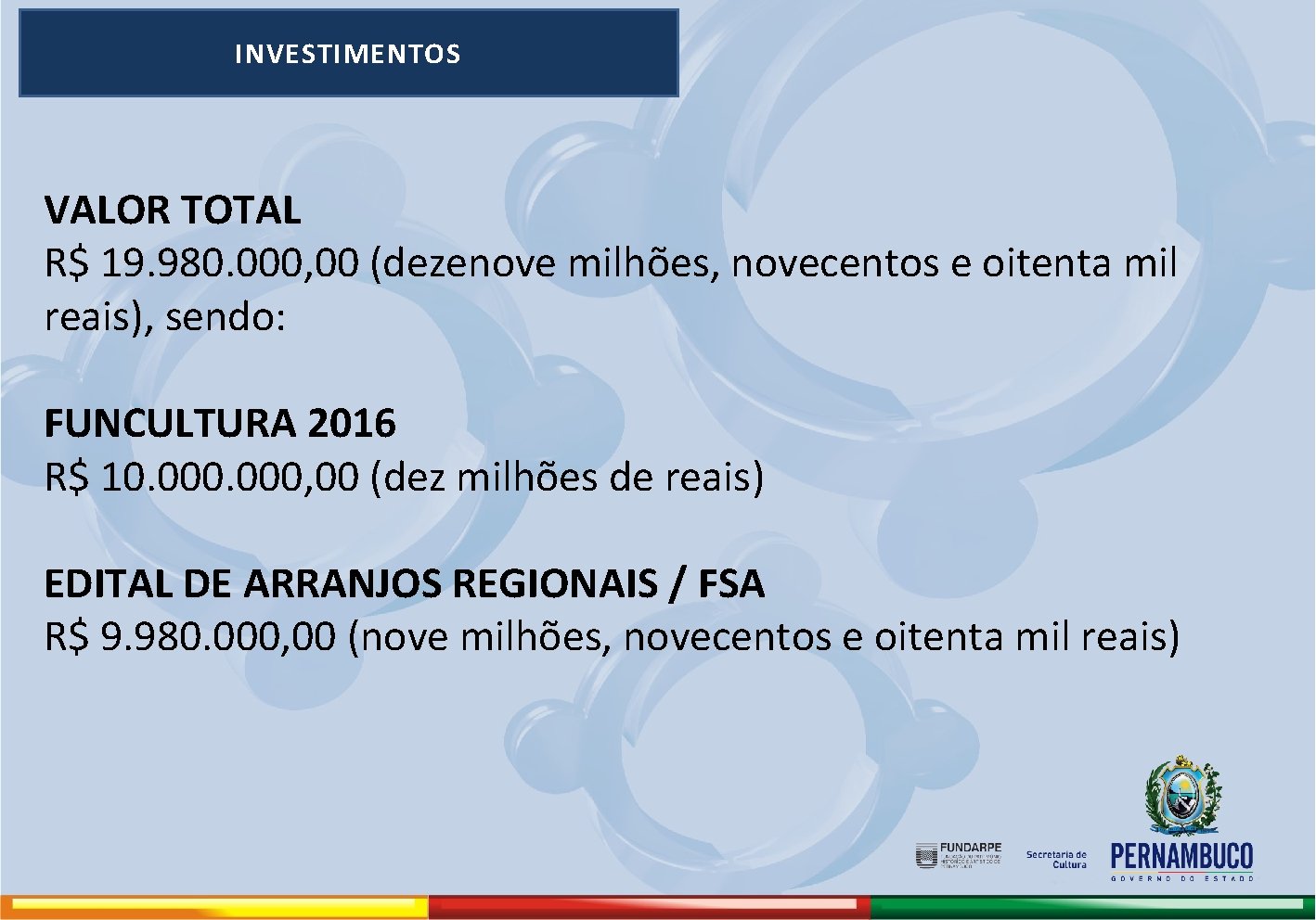 INVESTIMENTOS VALOR TOTAL R$ 19. 980. 000, 00 (dezenove milhões, novecentos e oitenta mil