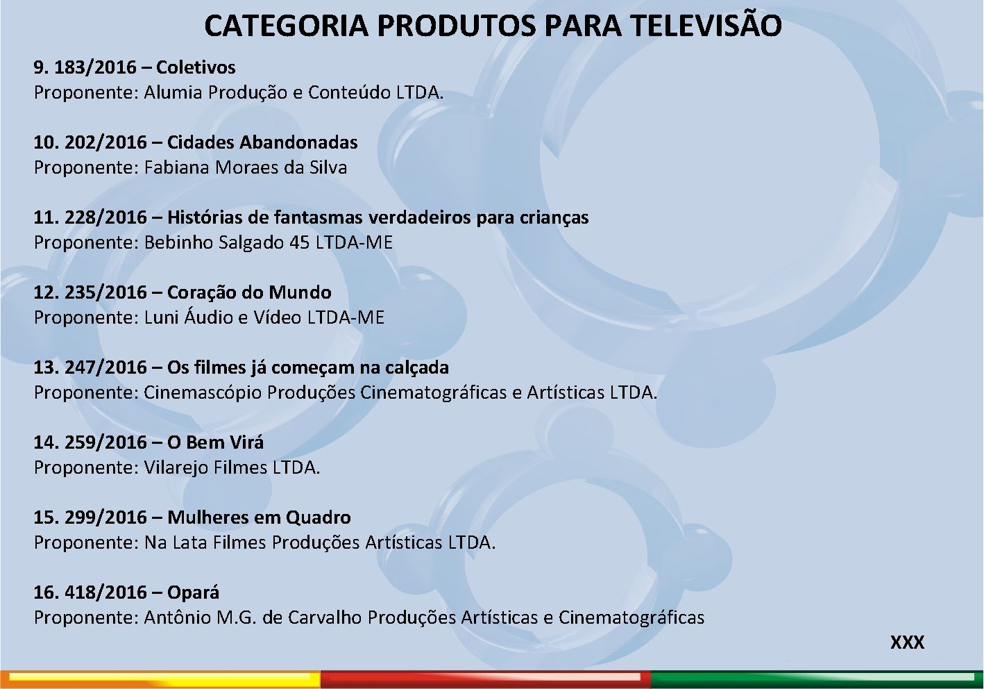 CATEGORIA PRODUTOS PARA TELEVISÃO 9. 183/2016 – Coletivos Proponente: Alumia Produção e Conteúdo LTDA.