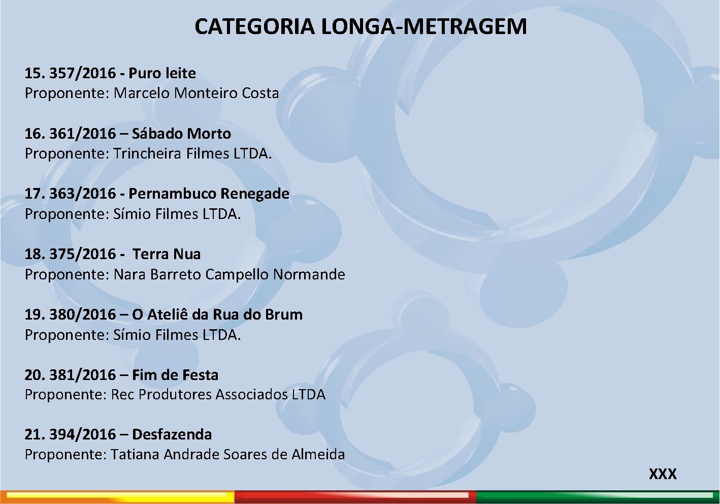 CATEGORIA LONGA-METRAGEM 15. 357/2016 - Puro leite Proponente: Marcelo Monteiro Costa 16. 361/2016 –