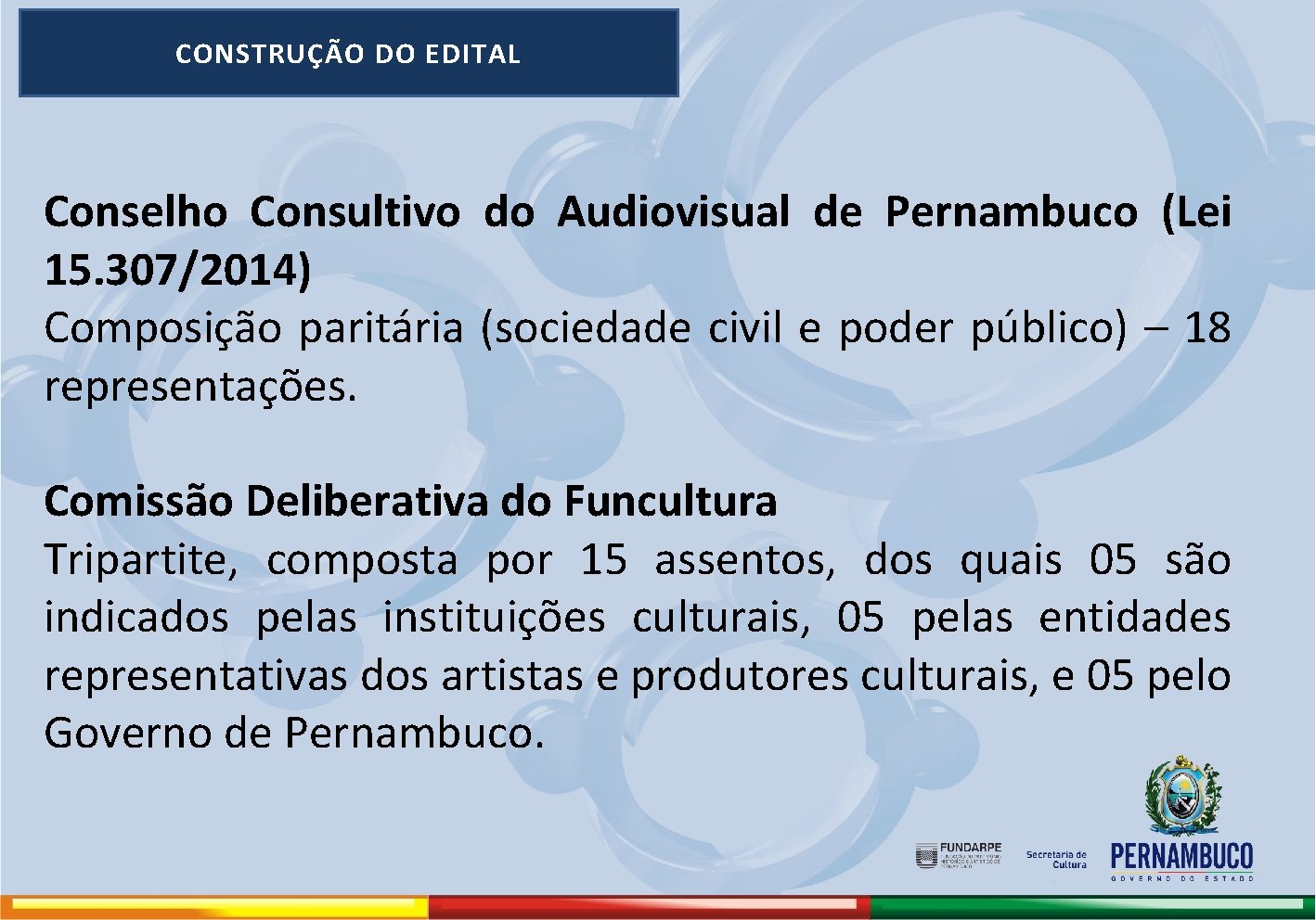 CONSTRUÇÃO DO EDITAL Conselho Consultivo do Audiovisual de Pernambuco (Lei 15. 307/2014) Composição paritária