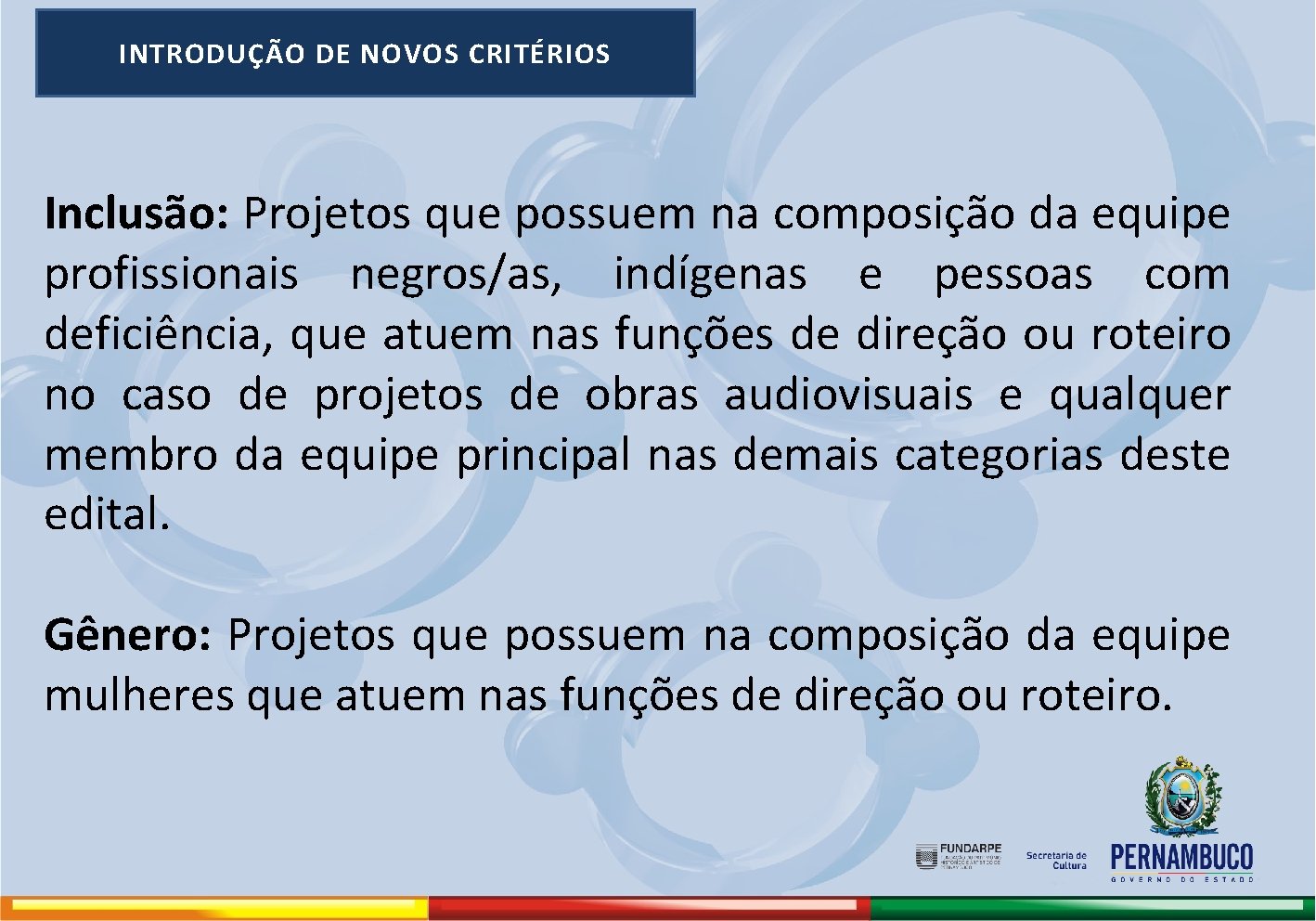 INTRODUÇÃO DE NOVOS CRITÉRIOS Inclusão: Projetos que possuem na composição da equipe profissionais negros/as,