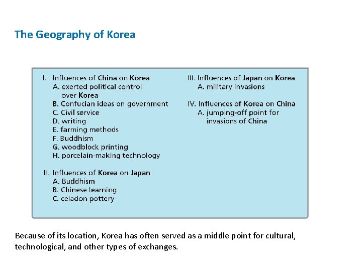 The Geography of Korea Because of its location, Korea has often served as a