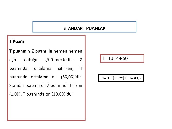 STANDART PUANLAR T Puanı T puanının Z puanı ile hemen aynı olduğu puanında görülmektedir.