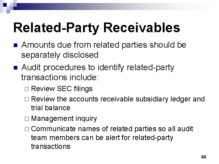 Related-Party Receivables n n Amounts due from related parties should be separately disclosed Audit