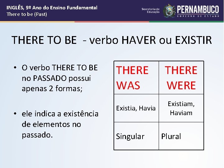 INGLÊS, 9º Ano do Ensino Fundamental There to be (Past) THERE TO BE -